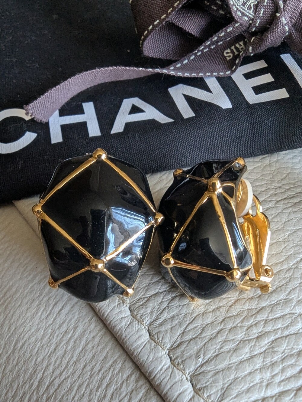St. John Black and Gold Faceted Clip-On Earrings